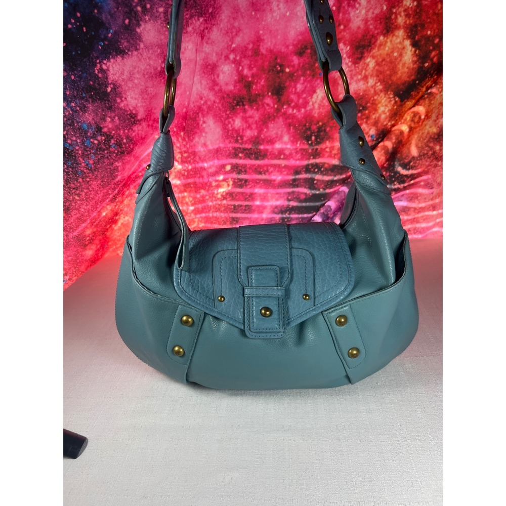 Dusty Blue Faux Leather Hobo Shoulder Bag Brass Studded Boho Slouchy Handbag